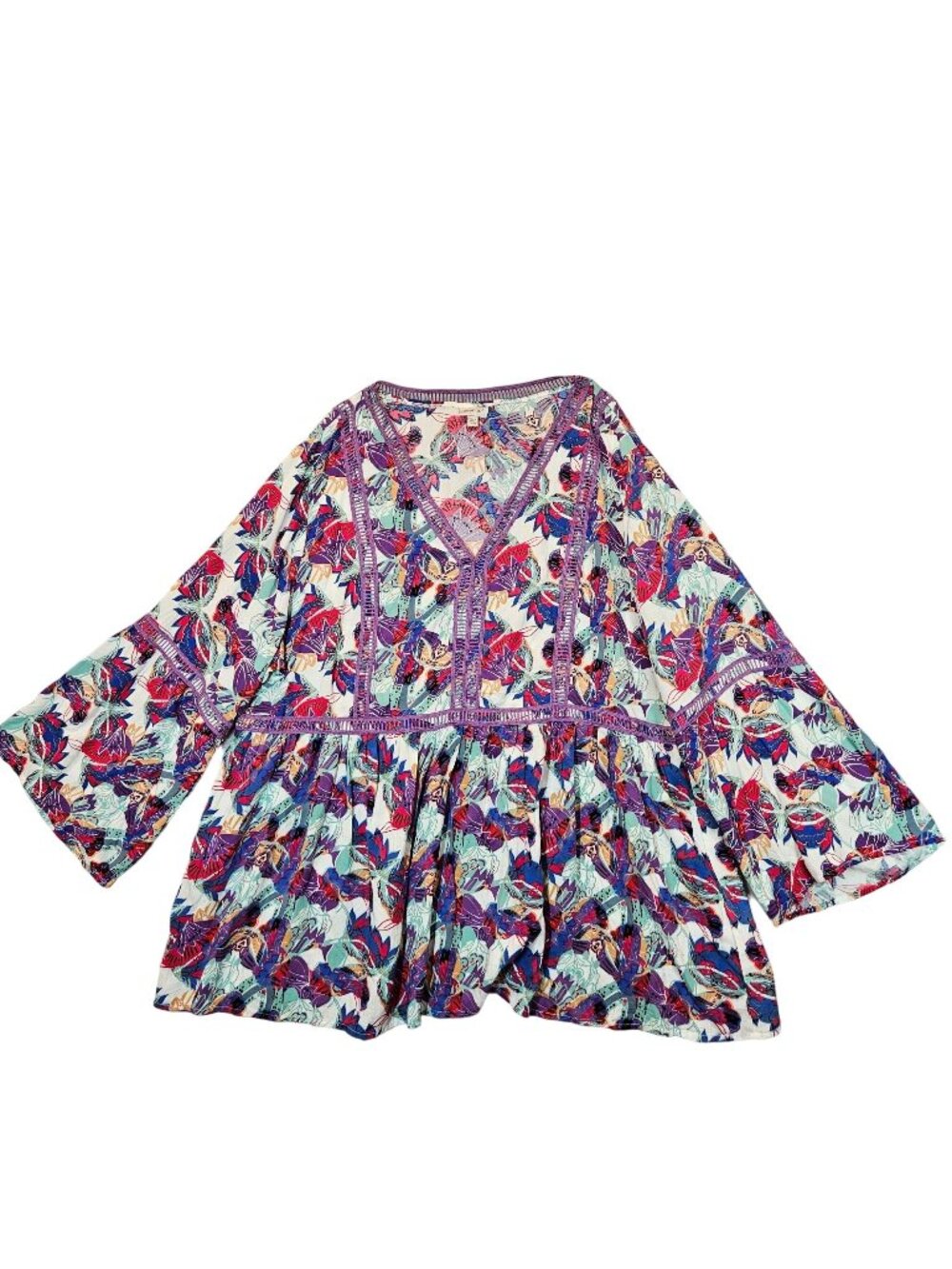 Avenue peasant boho blouse Womens 22/24 lace bright bold Purple gathered V-neck